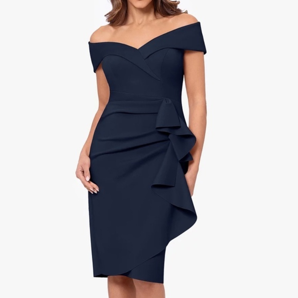 Xscape Jessie Short Off The Shoulder Ruffle Dress Navy 10